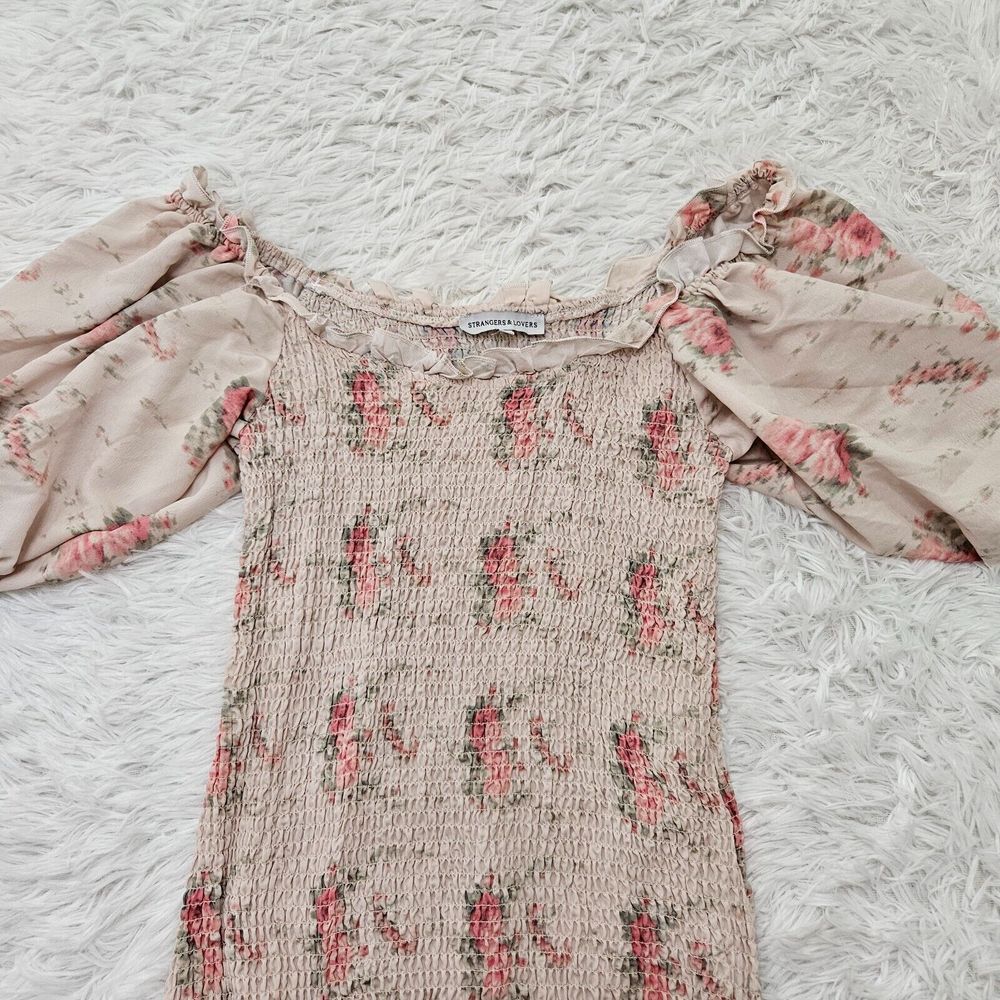 Strangers & Lovers Women's Smocked Bodice Puff Sleeve Drop Waist Mini Dress Sz M - Picture 3 of 10